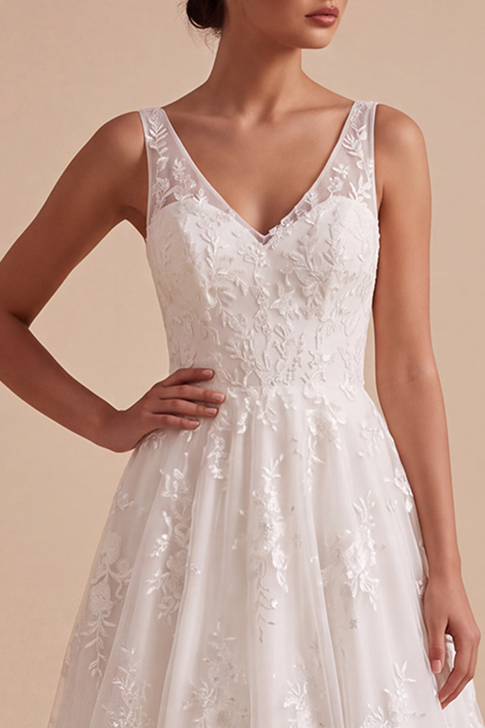 White Lace A-Line V-Neck Maxi Boho Wedding Dress