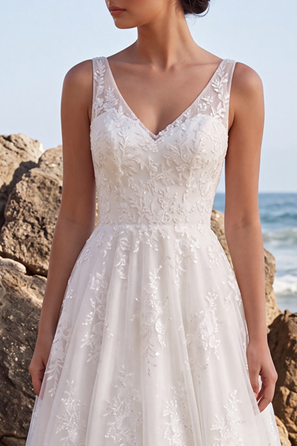 White Lace A-Line V-Neck Maxi Boho Wedding Dress