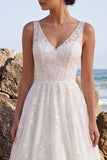 White Lace A-Line V-Neck Maxi Boho Wedding Dress