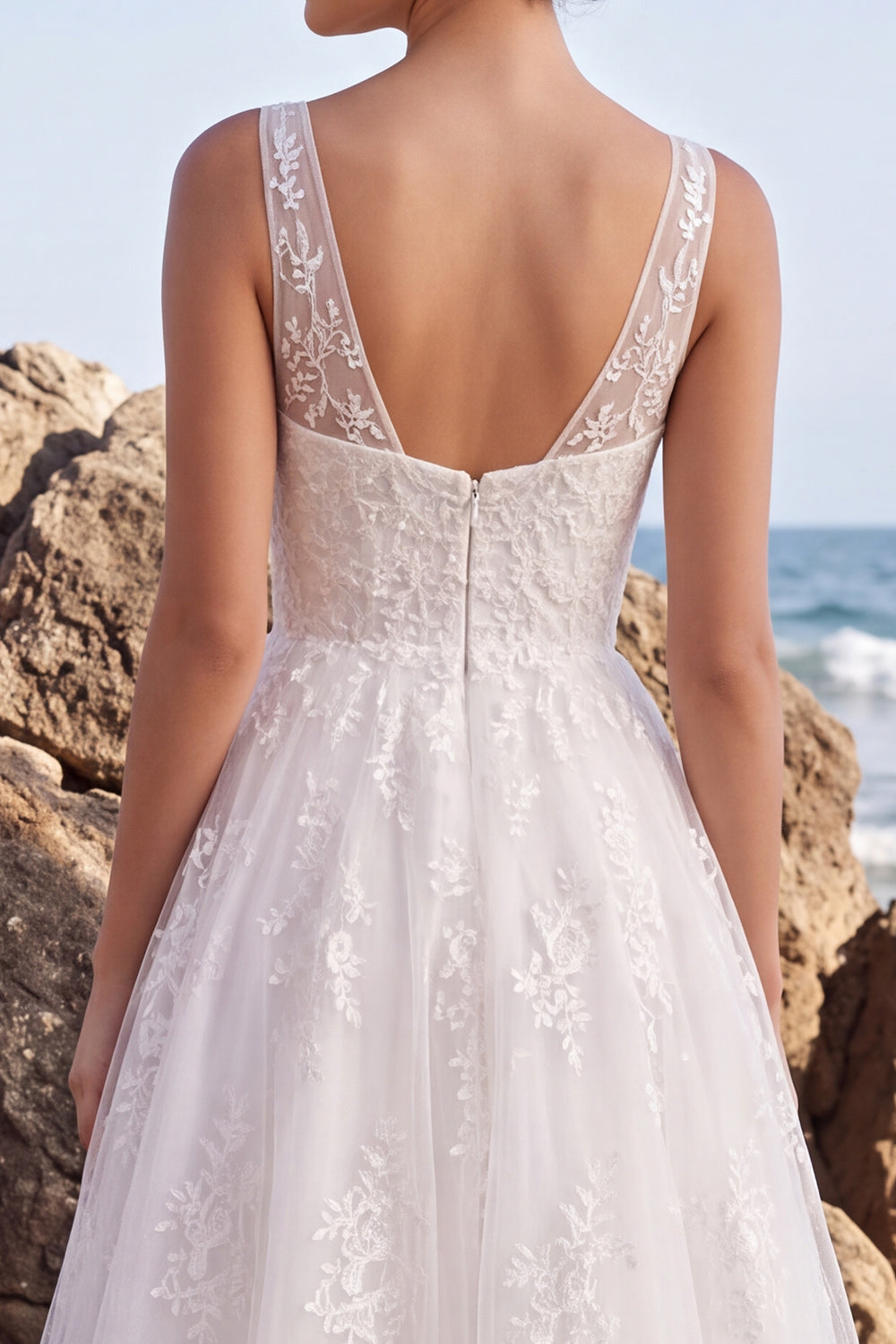 White Lace A-Line V-Neck Maxi Boho Wedding Dress