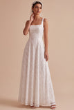 White Floral Sequin A-Line Square Neck Long Beach Wedding Dress
