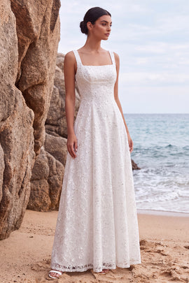 White Floral Sequin A-Line Square Neck Long Beach Wedding Dress