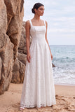 White Floral Sequin A-Line Square Neck Long Beach Wedding Dress