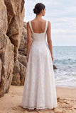 White Floral Sequin A-Line Square Neck Long Beach Wedding Dress