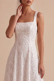 White Floral Sequin A-Line Square Neck Long Beach Wedding Dress
