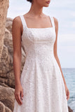 White Floral Sequin A-Line Square Neck Long Beach Wedding Dress
