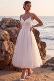 White Glitter A-Line V-Neck Maxi Beach Wedding Dress