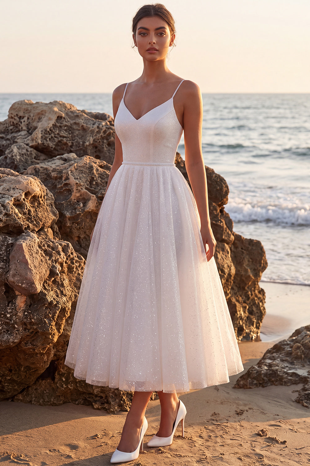 White Glitter A-Line V-Neck Maxi Beach Wedding Dress