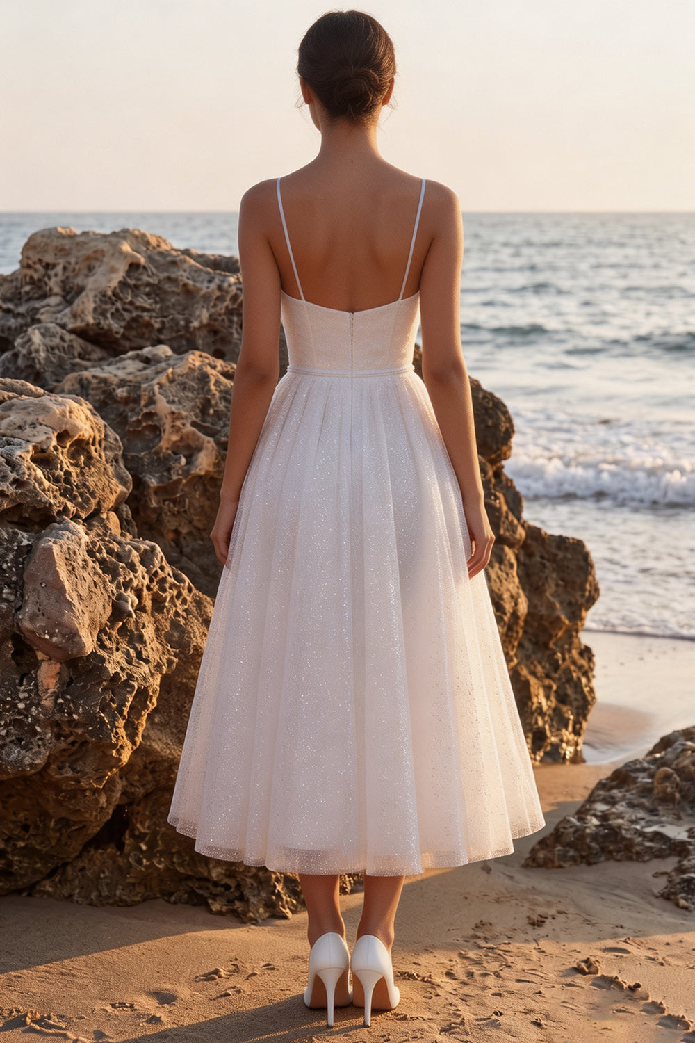 White Glitter A-Line V-Neck Maxi Beach Wedding Dress