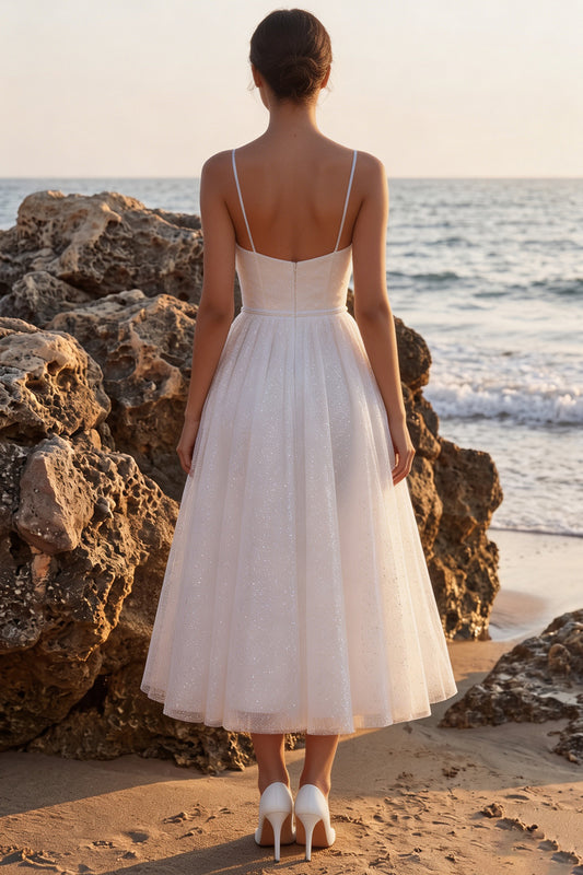 White Glitter A-Line V-Neck Maxi Beach Wedding Dress