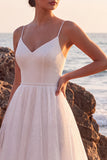White Glitter A-Line V-Neck Maxi Beach Wedding Dress