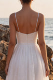 White Glitter A-Line V-Neck Maxi Beach Wedding Dress