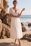 White Tulle A-Line Maxi Floral Beach Wedding Dress with Sleeves