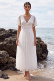 White Tulle A-Line Maxi Floral Beach Wedding Dress with Sleeves