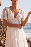 White Tulle A-Line Maxi Floral Beach Wedding Dress with Sleeves