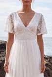 White Tulle A-Line Maxi Floral Beach Wedding Dress with Sleeves