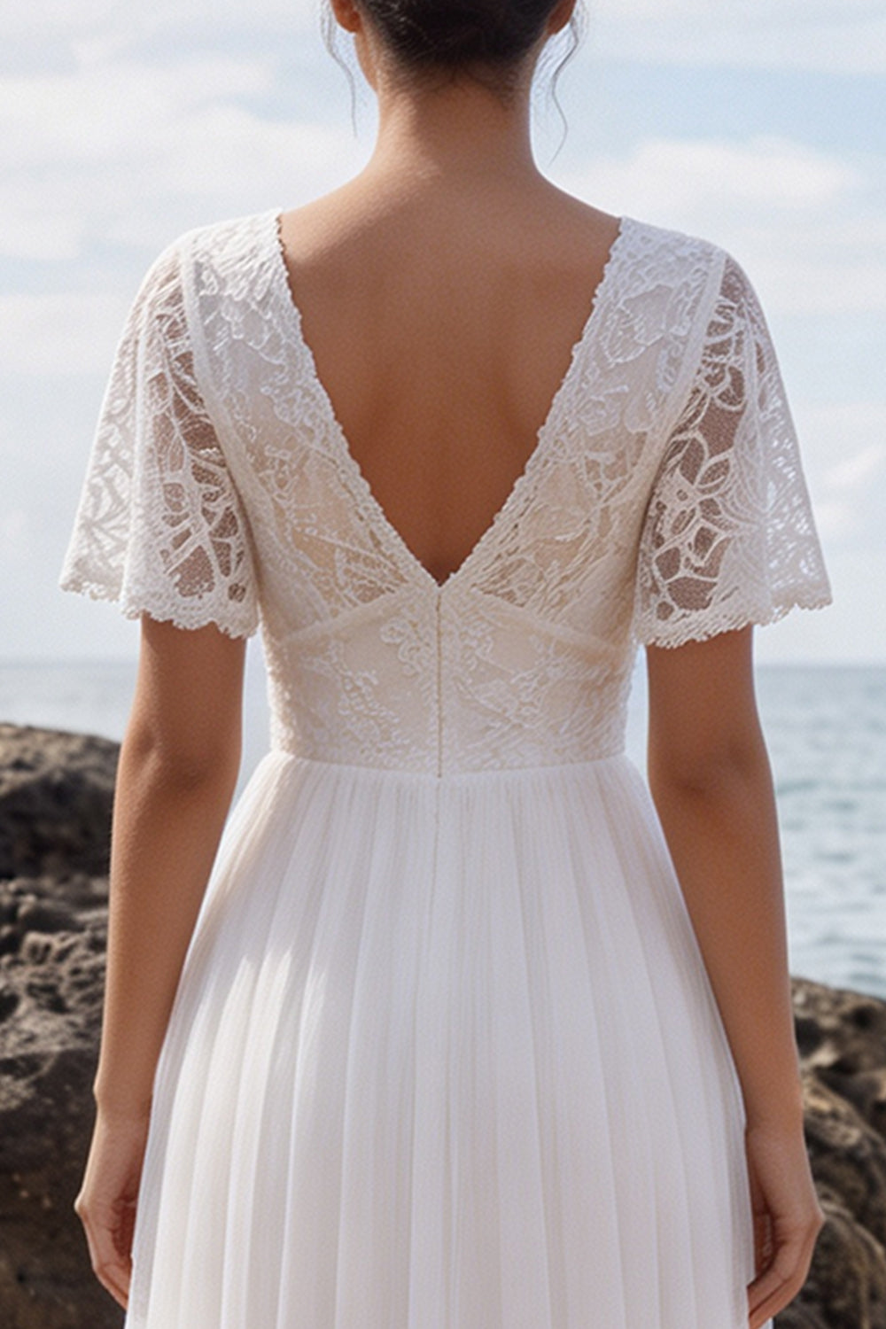 White Tulle A-Line Maxi Floral Beach Wedding Dress with Sleeves