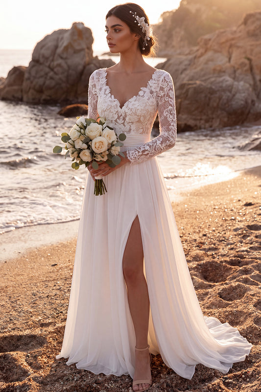 White Chiffon A-Line V-Neck Sweep Train Beach Wedding Dress with Slit