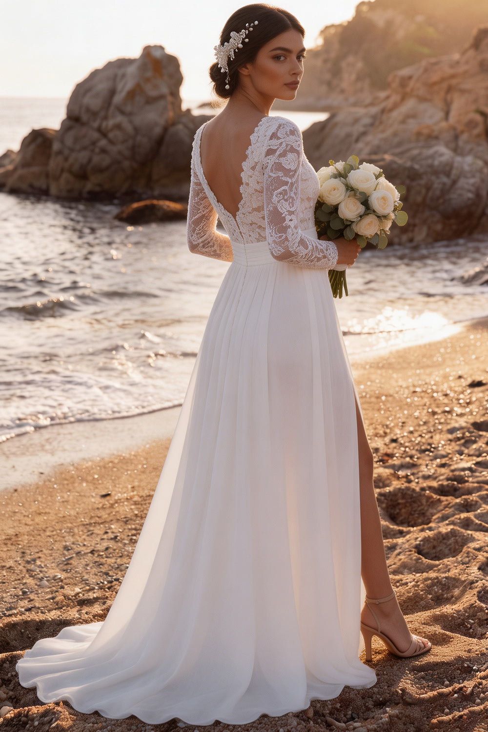 White Chiffon A-Line V-Neck Sweep Train Beach Wedding Dress with Slit