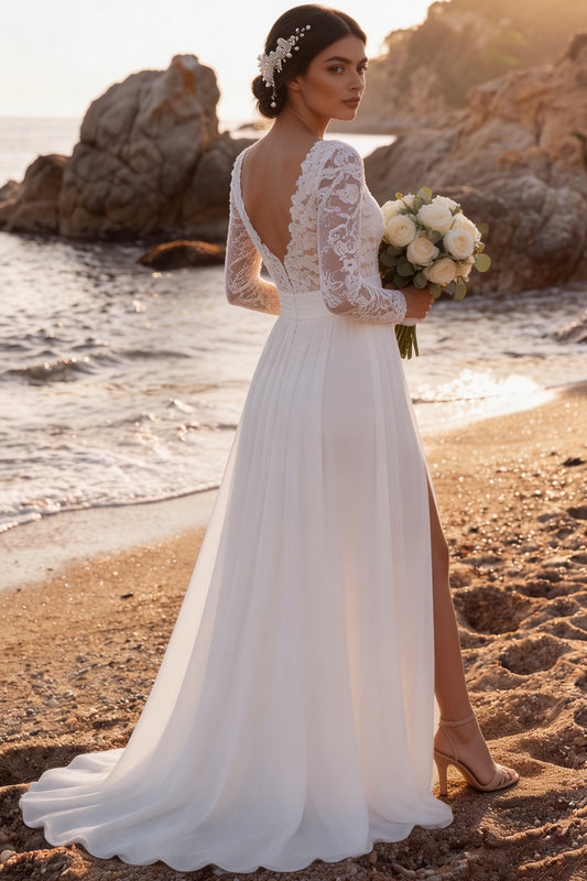 White Chiffon A-Line V-Neck Sweep Train Beach Wedding Dress with Slit