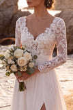 White Chiffon A-Line V-Neck Sweep Train Beach Wedding Dress with Slit