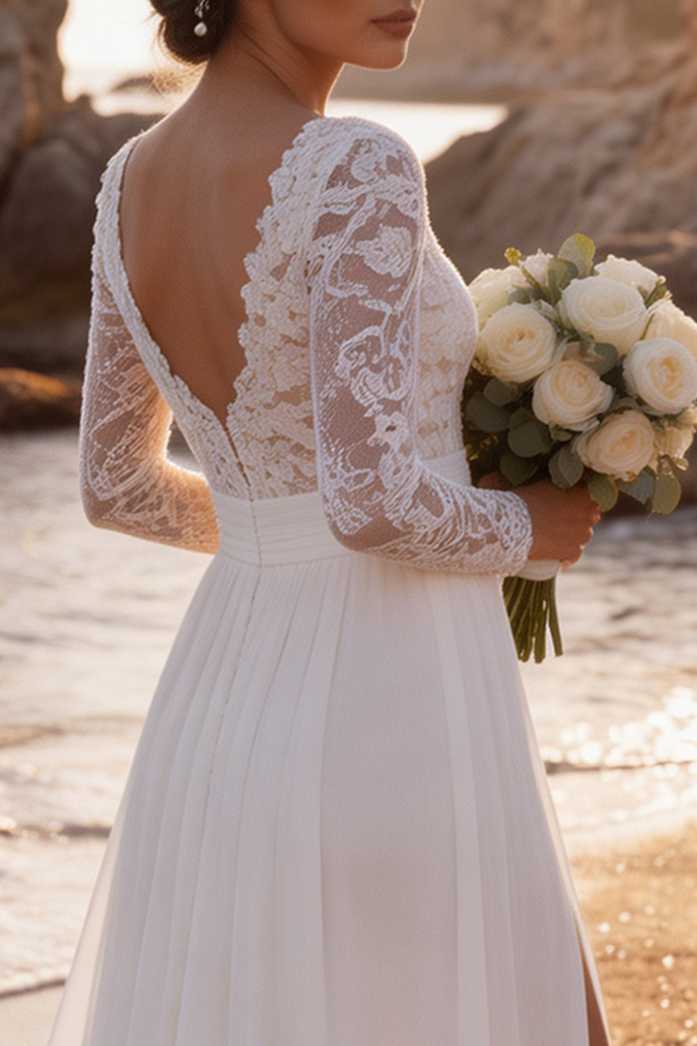 White Chiffon A-Line V-Neck Sweep Train Beach Wedding Dress with Slit