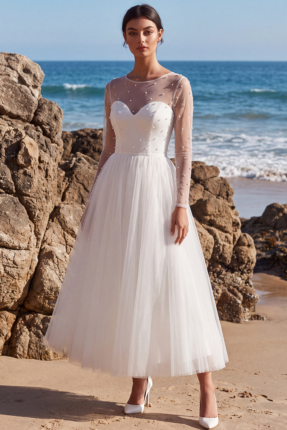 White Tulle Beaded A-Line Maxi Beach Wedding Dress with Sleeves