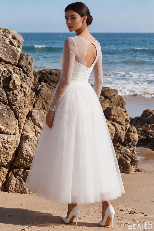 White Tulle Beaded A-Line Maxi Beach Wedding Dress with Sleeves
