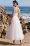 White Tulle Beaded A-Line Maxi Beach Wedding Dress with Sleeves