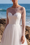 White Tulle Beaded A-Line Maxi Beach Wedding Dress with Sleeves