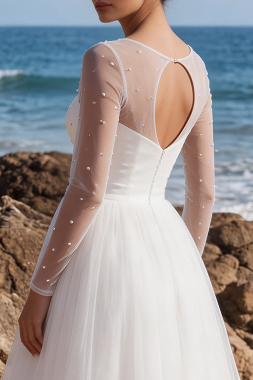 White Tulle Beaded A-Line Maxi Beach Wedding Dress with Sleeves