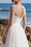 White Tulle Beaded A-Line Maxi Beach Wedding Dress with Sleeves