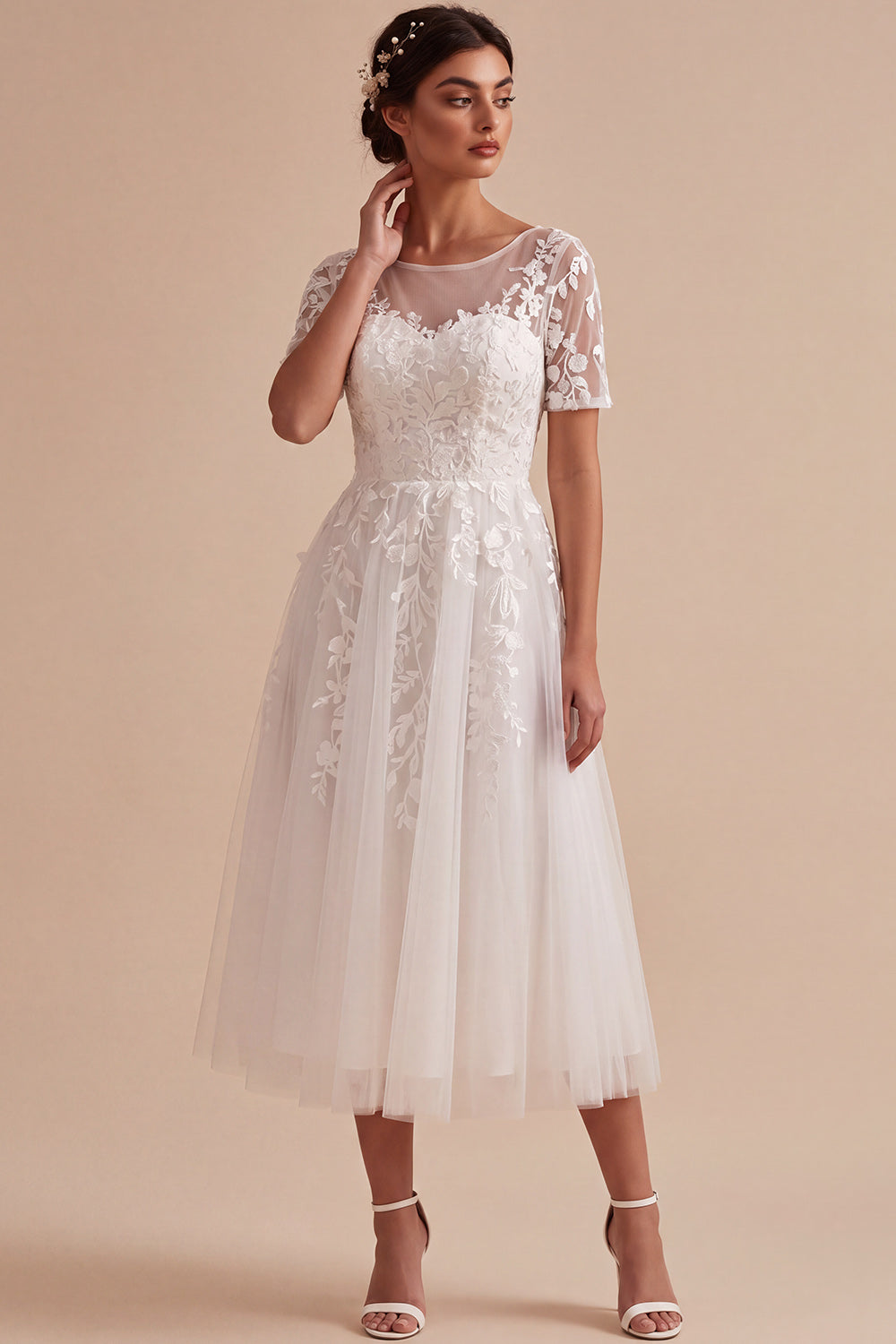 White Floral Tulle A-Line Midi Beach Wedding Dress with Sleeves