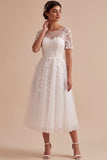 White Floral Tulle A-Line Midi Beach Wedding Dress with Sleeves
