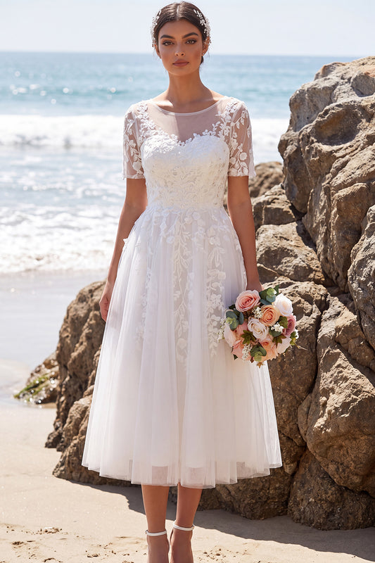 Zapakasa Women White Floral A-Line Midi Beach Wedding Dress Short Sleeves Tulle Illusion Boat Neck Engagement Dress with Covered Buttons