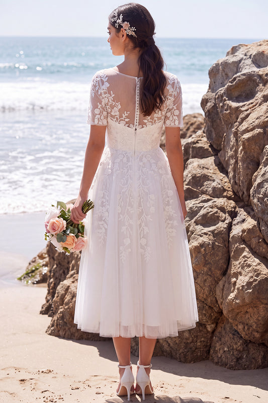 White Floral Tulle A-Line Midi Beach Wedding Dress with Sleeves