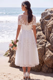 White Floral Tulle A-Line Midi Beach Wedding Dress with Sleeves