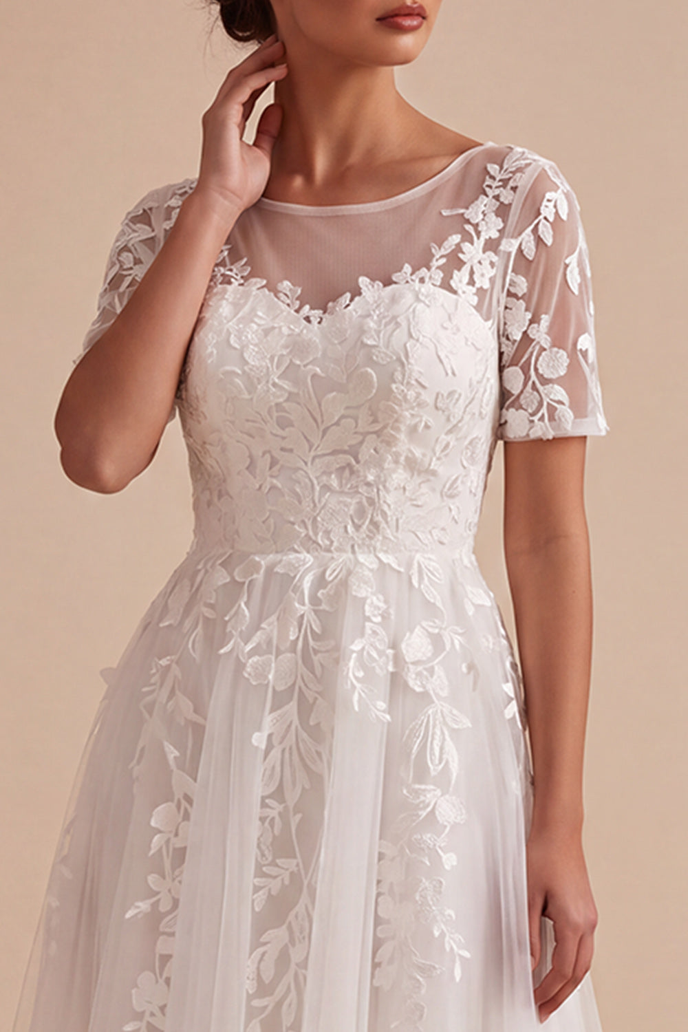 White Floral Tulle A-Line Midi Beach Wedding Dress with Sleeves