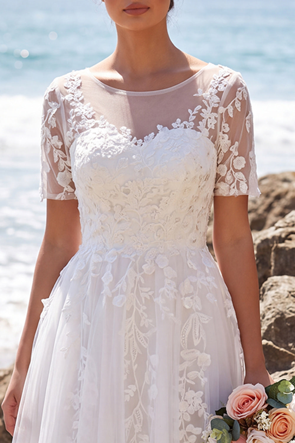 White Floral Tulle A-Line Midi Beach Wedding Dress with Sleeves