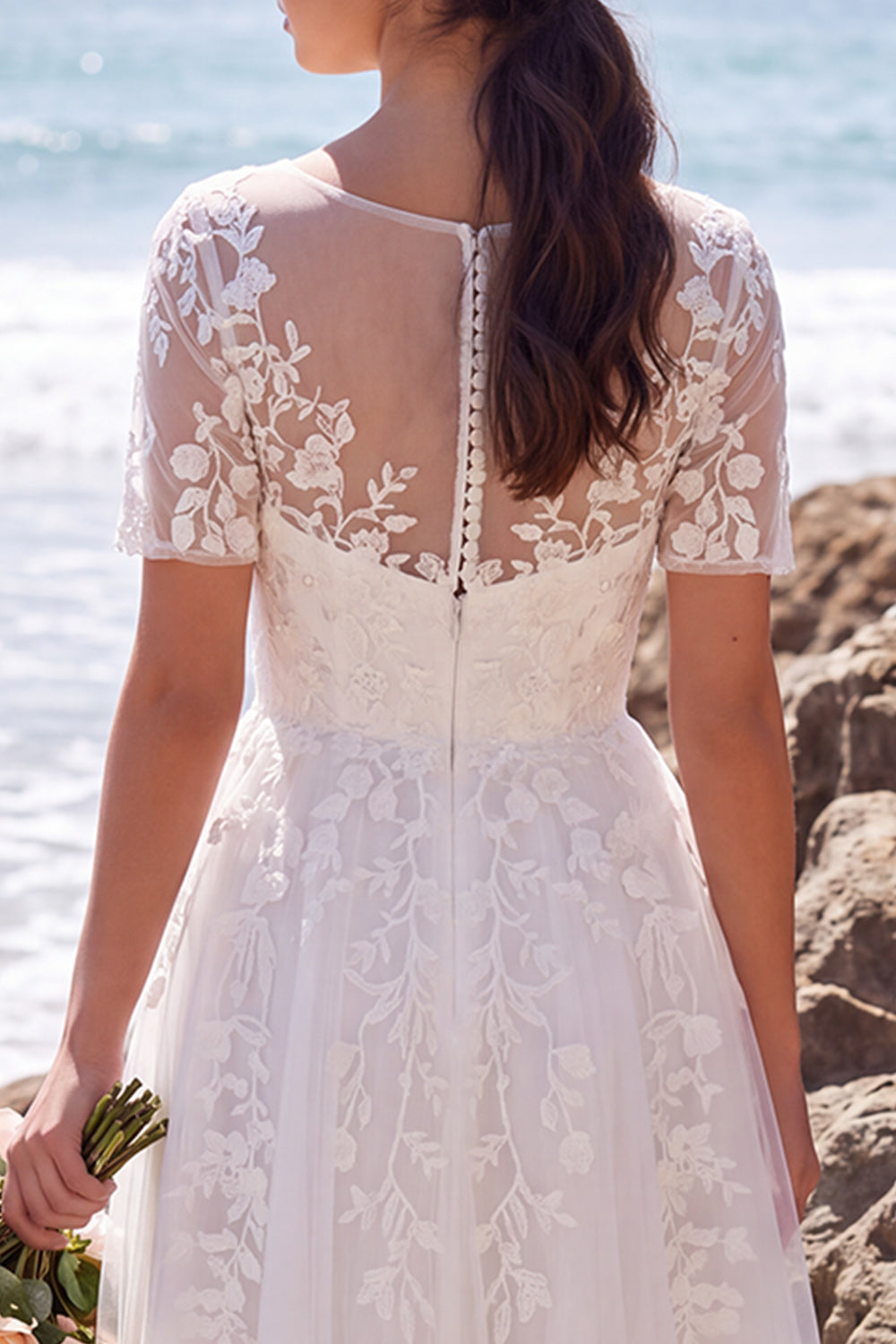 White Floral Tulle A-Line Midi Beach Wedding Dress with Sleeves