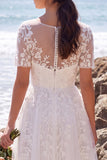 White Floral Tulle A-Line Midi Beach Wedding Dress with Sleeves