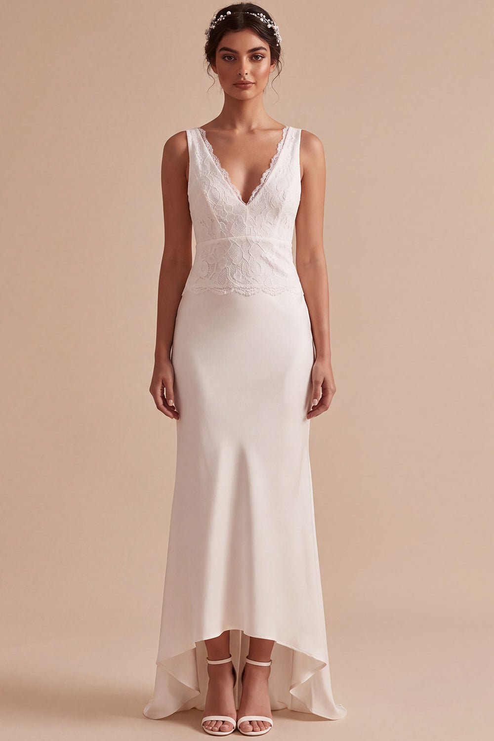 White Lace Mermaid V-Neck Sweep Train Beach Wedding Dress