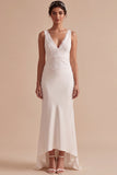 White Lace Mermaid V-Neck Sweep Train Beach Wedding Dress