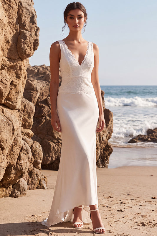 White Lace Mermaid V-Neck Sweep Train Beach Wedding Dress