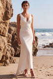 White Lace Mermaid V-Neck Sweep Train Beach Wedding Dress