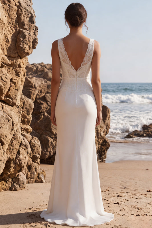 White Lace Mermaid V-Neck Sweep Train Beach Wedding Dress
