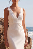 White Lace Mermaid V-Neck Sweep Train Beach Wedding Dress