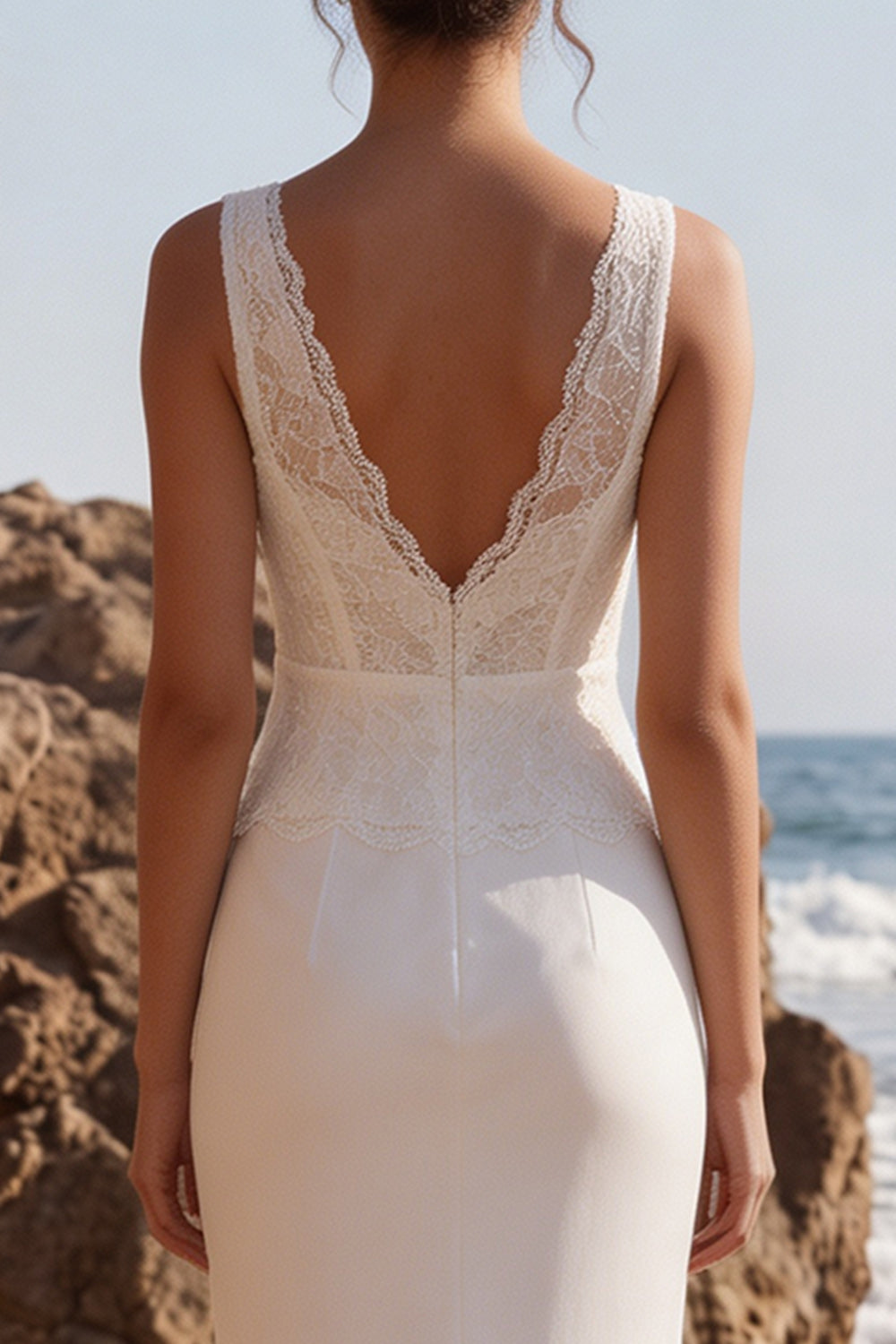 White Lace Mermaid V-Neck Sweep Train Beach Wedding Dress