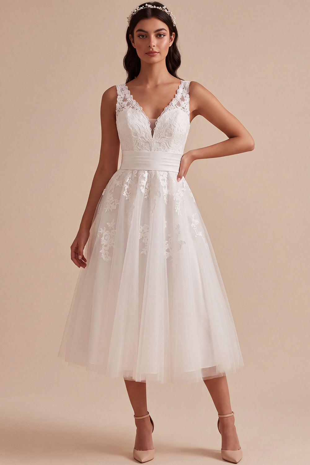 White Tulle Floral A-Line V-Neck Midi Beach Wedding Dress
