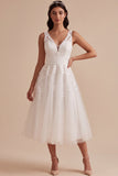 White Tulle Floral A-Line V-Neck Midi Beach Wedding Dress